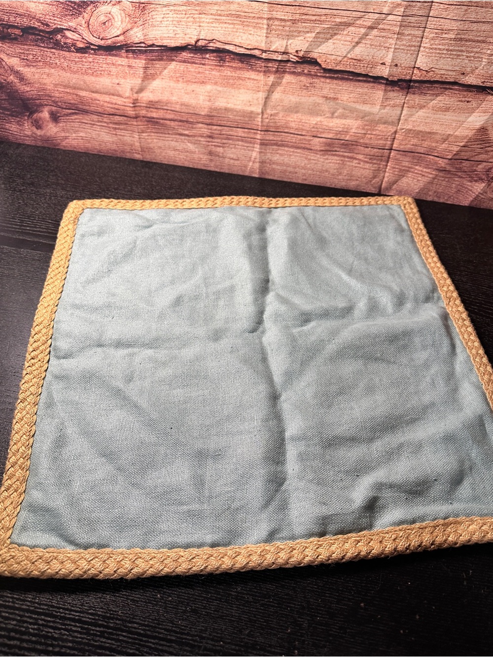 Pottery Barn pillow cover blue-green linen rustic jute braid trim